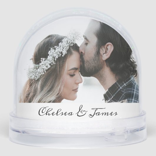 Custom Elegant Photo Calligraphy Script Name Date Sneeuwbol (Achterkant)