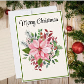 Custom Elegant Pink Poinsettia Flat Christmas Card Feestdagenkaart