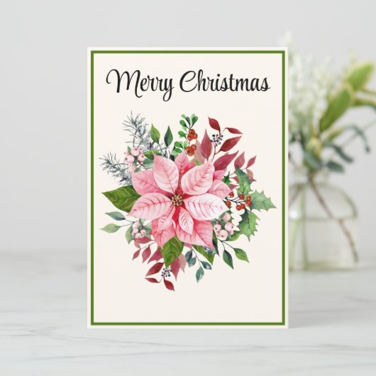 Custom Elegant Pink Poinsettia Flat Christmas Card Feestdagenkaart (Staand voorkant)