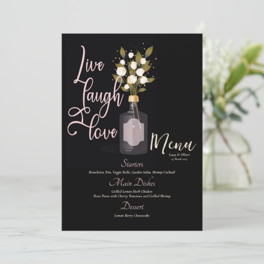 Custom Elegant, Romantisch, Zwart, Bloemen bruilof Menu (Staand voorkant)