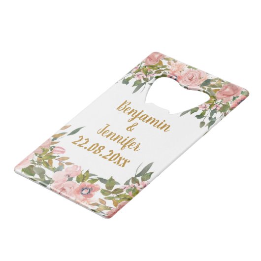 Custom Elegant Roze Bloemen Groen Bruiloft Favor Creditkaart Flessenopener (Voorkant Gekanteld)