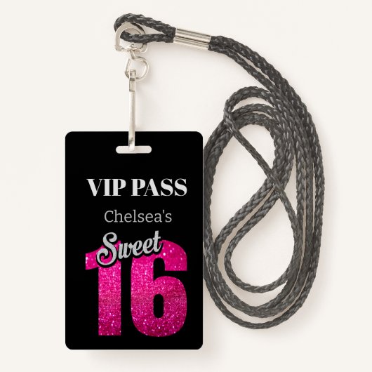 Custom Elegant Verjaardag Zwart Lief 16 VIP Badge (Voorkant met draagriem)