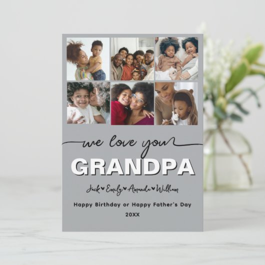 Custom Elegant We houden van je GRANDPA Fotocollag Feestdagenkaart (Staand voorkant)
