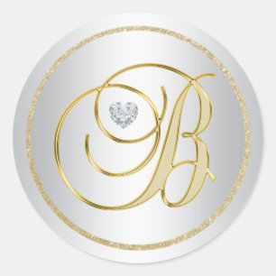 Custom Elegant Zilver Goud Monogrammed 'B' Bruilof Ronde Sticker