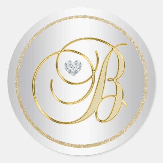 Custom Elegant Zilver Goud Monogrammed 'B' Bruilof Ronde Sticker (Voorkant)