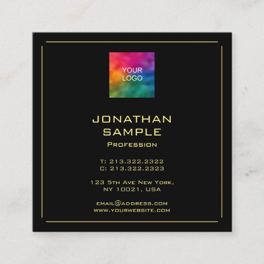 Custom Elegant Zwart en Goud Sjabloon Modern Vierkante Visitekaartje (Voorkant)