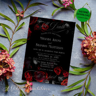 Custom Elegant Zwart en Rood Bloemen Bruiloft Kaart