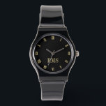 Custom Elegant Zwart Goud Monogram Siliconen Strap Horloge<br><div class="desc">Creëer uw eigen aangepaste, gepersonaliseerde, stijlvolle hippe hippe unieke stijlvolle faux gold en black hours, monogram, dames en mannen unisex, stijlvol, zwart siliconen bandhorloge. Gewoon typen in jouw naam / monogram / initialen, aan te passen. Maakt een geweldig cadeau, voor verjaardag, afstuderen, vaderdag, moederdag, kerst, feestdagen, bruiloft, huwelijksverjaardag, Valentijnsdag, en...</div>