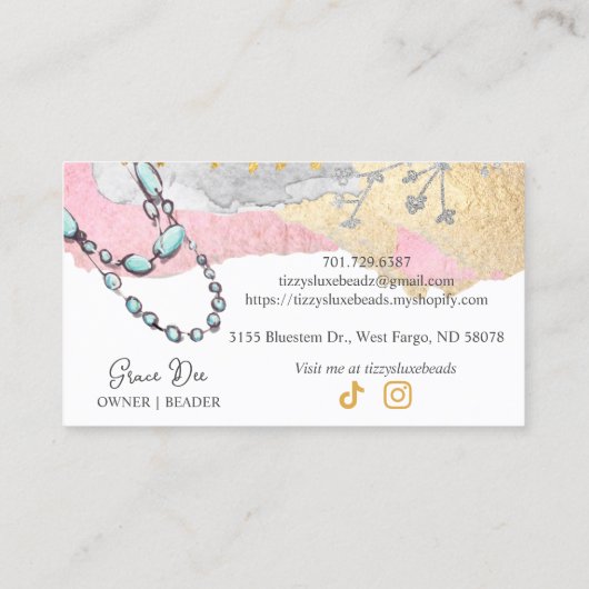 CUSTOM Elegante Handgemaakte Kralen Sieraden V2 R1 Visitekaartje (Achterkant)