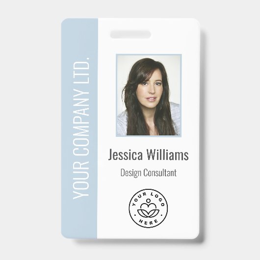 Custom Employee Photo Barcode Logo Name Dusty Blue Badge (Voorzijde)