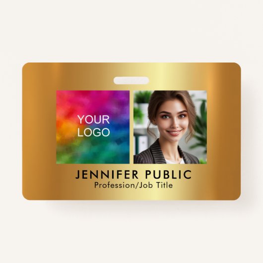 Custom Employee Photo Company Logo Gold Template Badge (Voorkant)