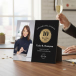 Custom Employee Recognition Photo 10 Year service  Fotoplaat<br><div class="desc">Celebrate a milestone moment with this modern custom employee recognition photo plaque, designed for honoring 10 Years of Service in style. Featuring a bold black background, faux-gold badge, personalized employee name, company logo, and an optional photo, this appreciation award is perfect for recognizing dedication, loyalty, and leadership. Customize the text,...</div>