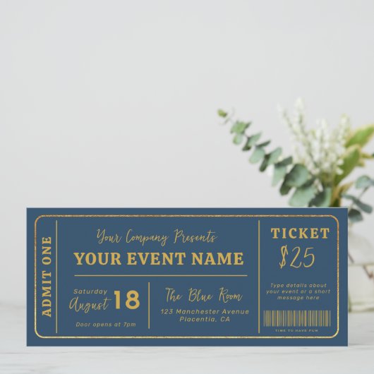 Custom Event Ticket, Concert Fake Ticket Goud Kaart (Staand voorkant)