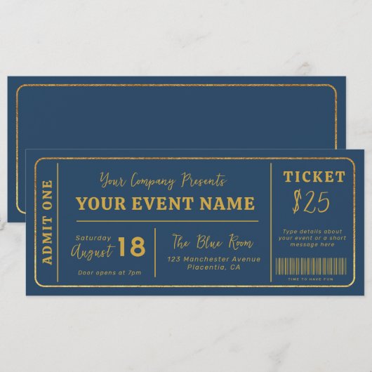 Custom Event Ticket, Concert Fake Ticket Goud Kaart (Voorkant / Achterkant)
