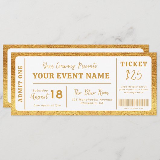 Custom Event Ticket Concert Fake Ticket Wit Goud Kaart (Voorkant / Achterkant)