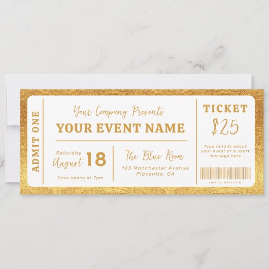 Custom Event Ticket Concert Fake Ticket Wit Goud Kaart (Voorkant)