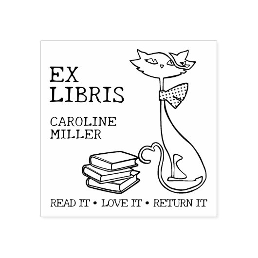 Custom Ex Libris, Leuke Kat met boeken Rubberstempel (Afrduk)