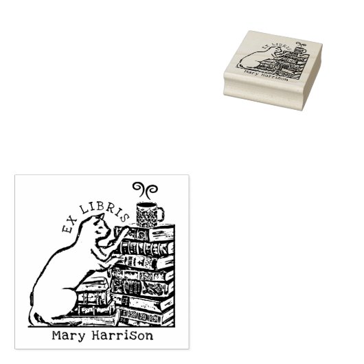 Custom Ex Libris,  Schattige Kattenboek Rubberstempel (Gestempeld)