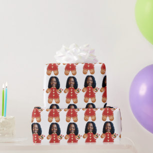 Custom Face Foto Gingerbread Vrouw Kerstmis Roze Cadeaupapier