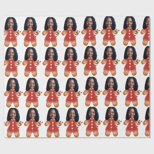 Custom Face Foto Gingerbread Vrouw Kerstmis Roze Cadeaupapier (Vlak)