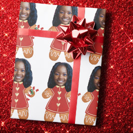 Custom Face Foto Gingerbread Vrouw Kerstmis Roze Cadeaupapier