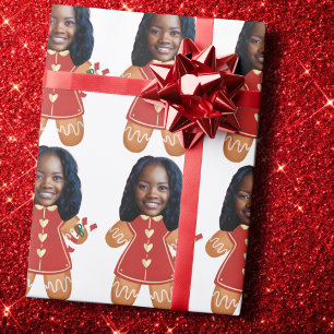 Custom Face Foto Gingerbread Vrouw Kerstmis Roze Cadeaupapier