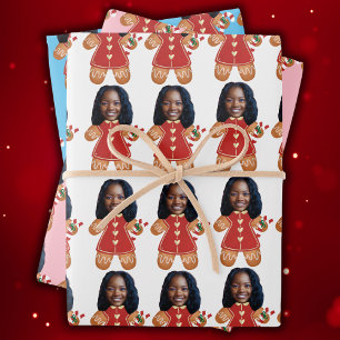 Custom Face Foto Gingerbread Vrouw Kerstmis Roze Inpakpapier Vel