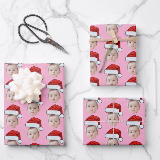 Custom Face Head Photo Santa Hat Christmas Pink Inpakpapier Vel (Voorkant)