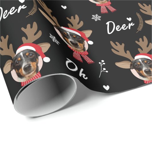 Custom Face Photo Rendier Kerstvakantie zwart Cadeaupapier (Rol Hoek)