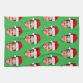 Custom Face Photo Santa Hat Christmas Green Theedoek (Horizontaal)