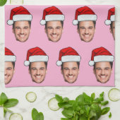 Custom Face Photo Santa Hat Christmas Pink Theedoek (Gevouwen)