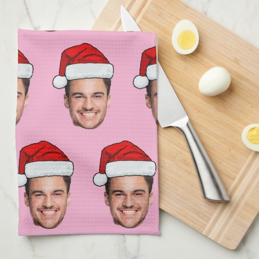 Custom Face Photo Santa Hat Christmas Pink Theedoek (Quarter Fold)