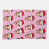 Custom Face Photo Santa Hat Christmas Pink Theedoek (Horizontaal)