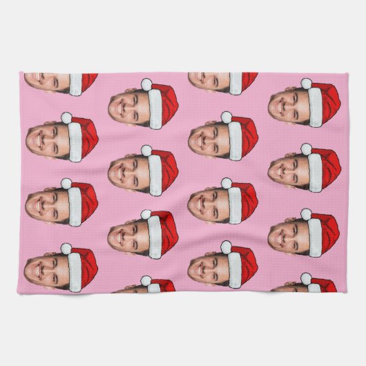 Custom Face Photo Santa Hat Christmas Pink Theedoek (Horizontaal)