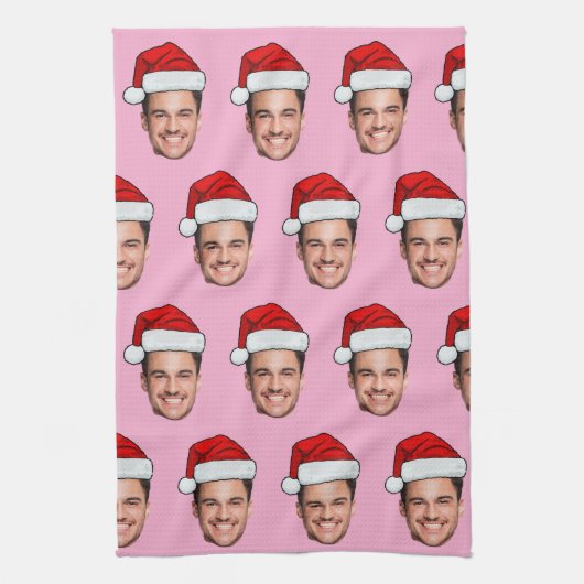 Custom Face Photo Santa Hat Christmas Pink Theedoek (Verticaal)