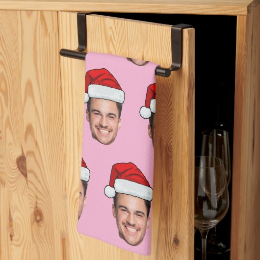 Custom Face Photo Santa Hat Christmas Pink Theedoek (Derde Gevouwen)