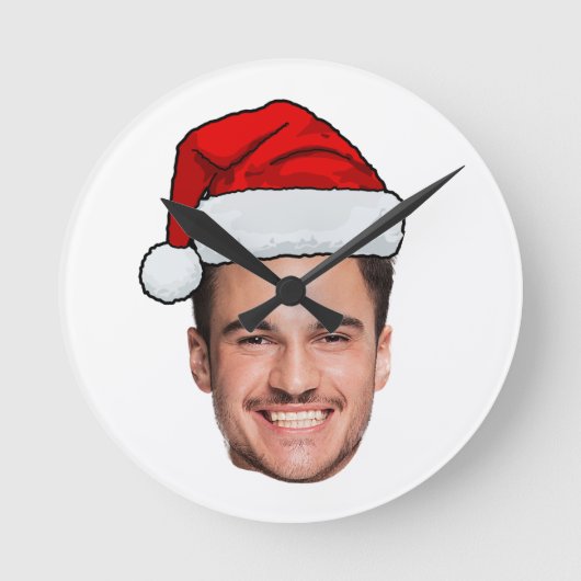 Custom Face Photo Santa Hat Christmas Ronde Klok (Voorkant)