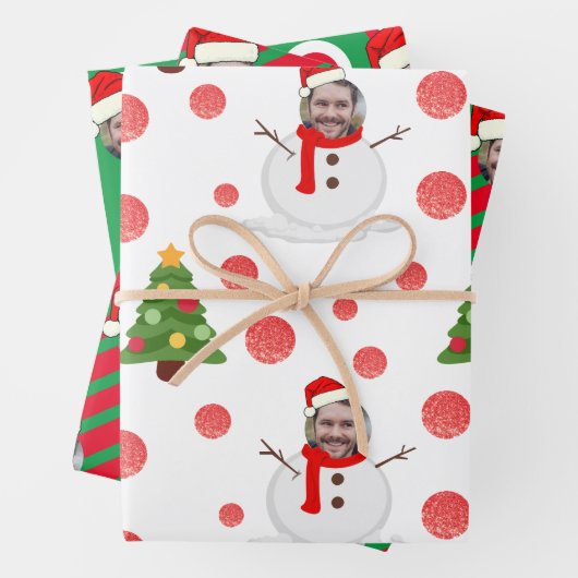 Custom Face Photo Sneeuwman Wrapping Paper Sheets (In situ)