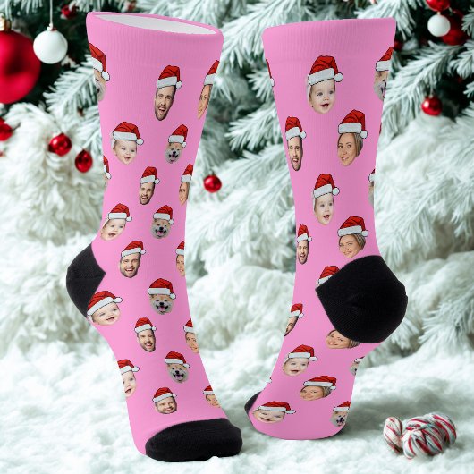 Custom Face Santa Hat Pink Socks, 4 Photos Pink Sokken