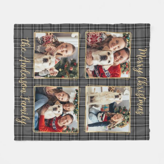 Custom Family 4 Photo Collage Winter Grijs Plaid Fleece Deken (Voorkant (Horizontaal))