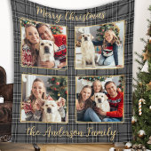 Custom Family 4 Photo Collage Winter Grijs Plaid Fleece Deken