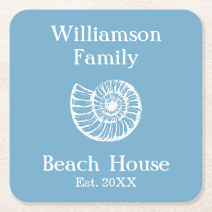 Custom Family Beach House Shell Blauw Kartonnen Onderzetters