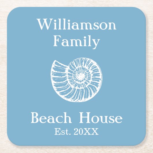 Custom Family Beach House Shell Blauw Kartonnen Onderzetters (Voorkant)