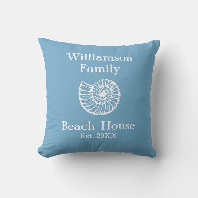 Custom Family Beach House Shell Blauw Kussen (Voorkant)