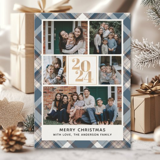 Custom Family Christmas card with 5 Photos Tartan  Kaart