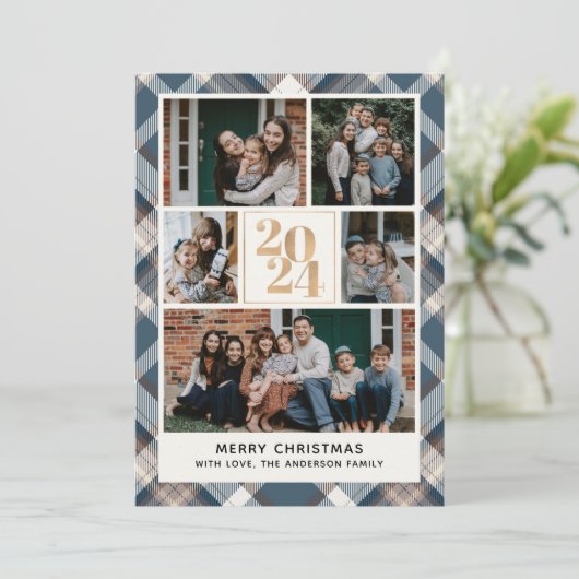 Custom Family Christmas card with 5 Photos Tartan  Kaart (Staand voorkant)