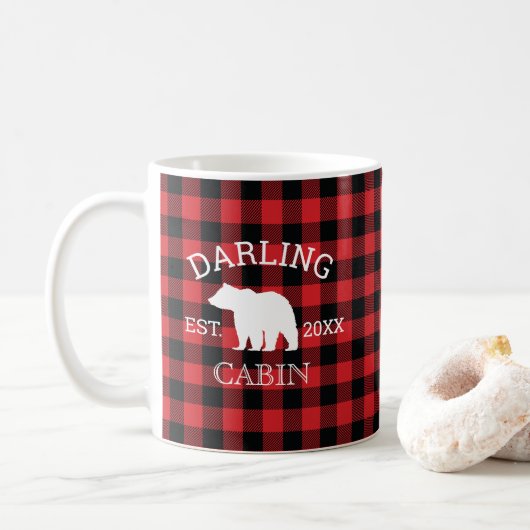 Custom Family Name Bear Buffalo Check Rustic Koffiemok (Met donut)