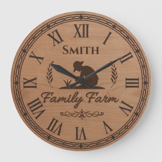 Custom Family Name Clock – Farmer Planting Scene Grote Klok (Voorkant)