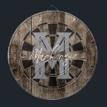 Custom Family Name Monogram Dart Board Dartbord<br><div class="desc">Faux wooden background with monogram and family name in center of the board. Other colors available in the shop.</div>