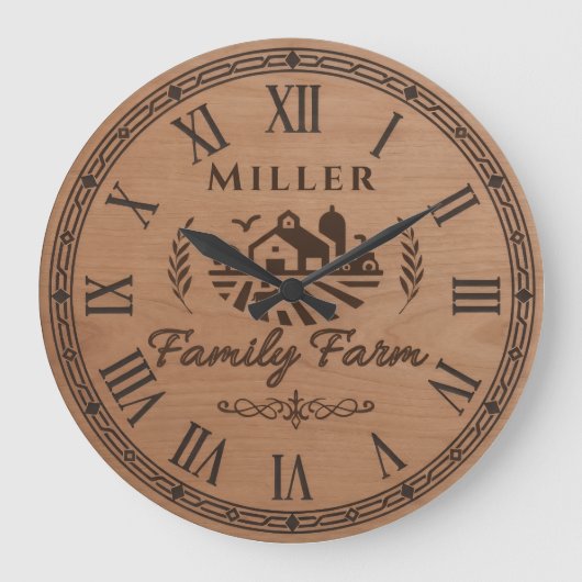 Custom Family Name Wall Clock – Farmhouse Scene  Grote Klok (Voorkant)